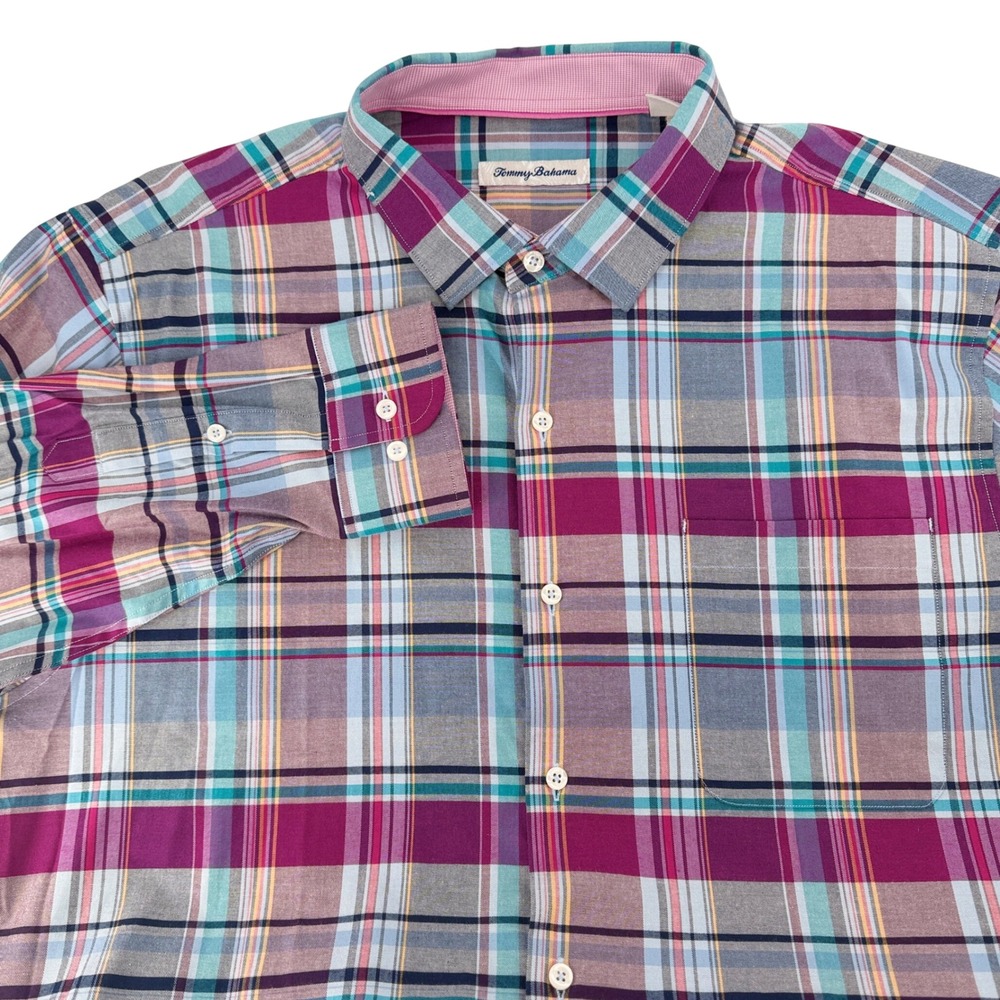 Tommy Bahama Mens XL Plaid Button Down Shirt Cotton Silk Blend Magenta Teal